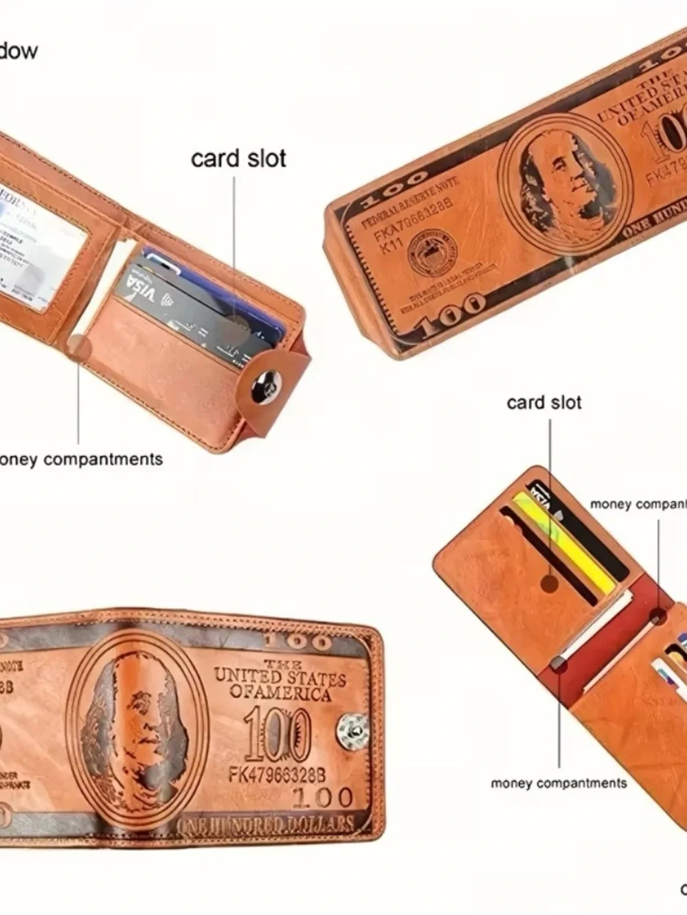 Leather $100 Bill Bi-Fold Wallet - Brown